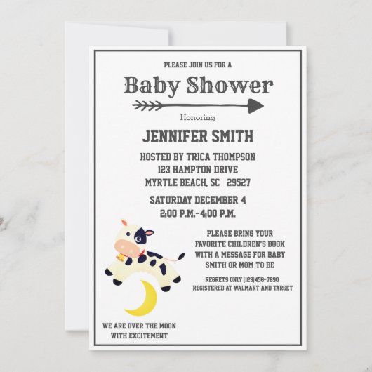 牛は月の子供部屋の赤ちゃんシャワーを飛び越えた 招待状 (正面)
