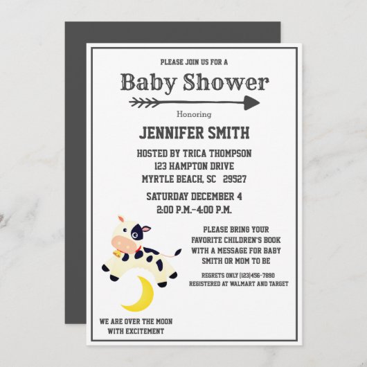 牛は月の子供部屋の赤ちゃんシャワーを飛び越えた 招待状 (正面/裏面)