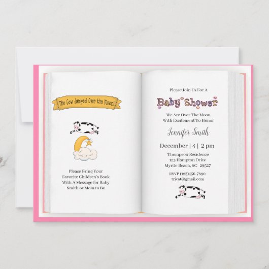 牛は月女の子の赤ちゃんシャワーを飛び越えた 招待状 (正面)