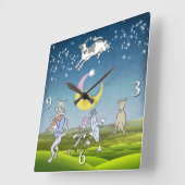 牛は月時計を飛び越えた(ピンク) スクエア壁時計 (傾斜)