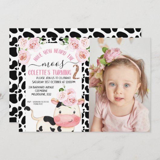 牛はMoosの写真を聞いたことがある2番目の誕生日 招待状 (正面/裏面)