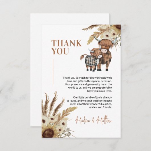 牛ひまわりファーム赤ちゃんシャワーサンキューカード 招待状 (正面/裏面)