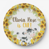 牛ひまわり女の子の誕生日カスタマイズ紙プレート ペーパープレート (正面)
