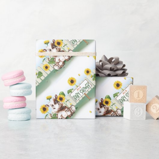 牛ひまわり女の子の赤ちゃんシャワー ラッピングペーパー (ベビーシャワー)