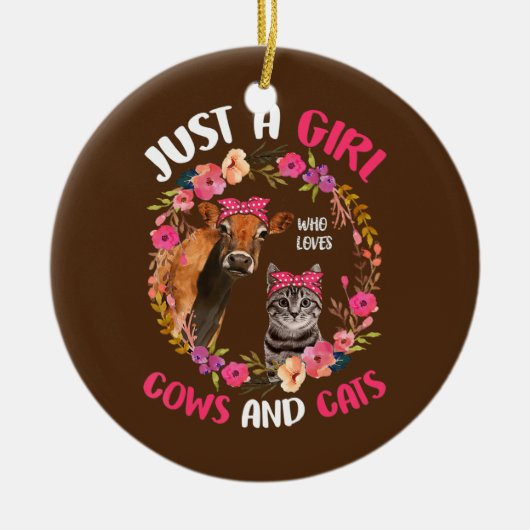 牛や猫を愛する女の子かわいい農家 セラミックオーナメント (正面)