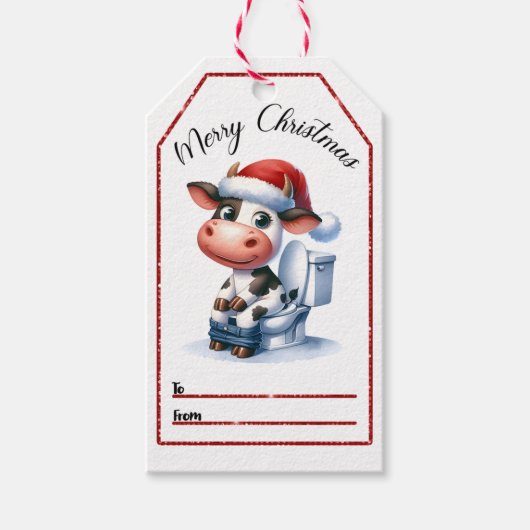 牛よくはしゃぐクリスマスラベルデザイン ギフトタグ (正面)