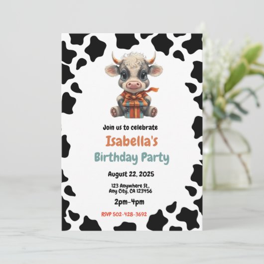 牛をテーマにした誕生日パーティーの招待状 招待状 (スタンド正面)