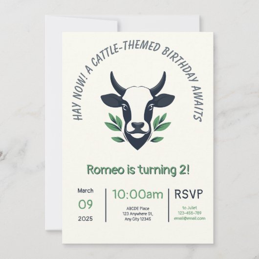 牛をテーマにした誕生日招待状カード 招待状 (正面)