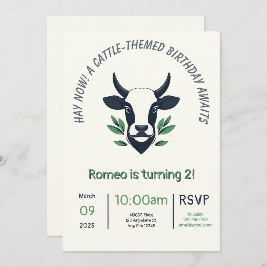 牛をテーマにした誕生日招待状カード 招待状 (正面/裏面)