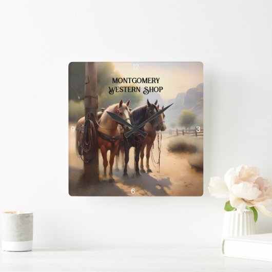 牛を馬で飼うカウボーイ スクエア壁時計 (ホーム)