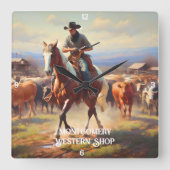牛を馬で飼うカウボーイ スクエア壁時計 (正面)