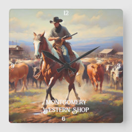 牛を馬で飼うカウボーイ スクエア壁時計