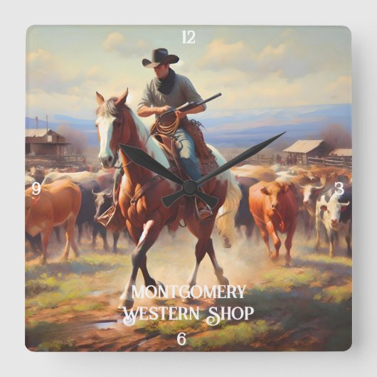 牛を馬で飼うカウボーイ スクエア壁時計 (正面)