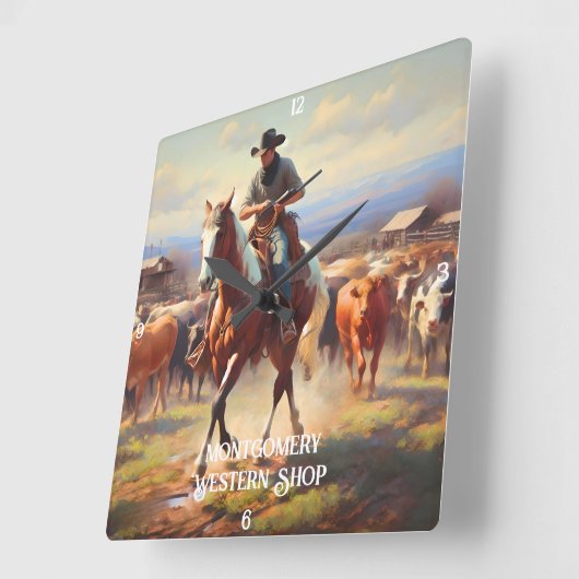 牛を馬で飼うカウボーイ スクエア壁時計 (傾斜)