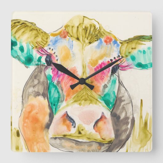 牛カラフルデザイン スクエア壁時計 (正面)
