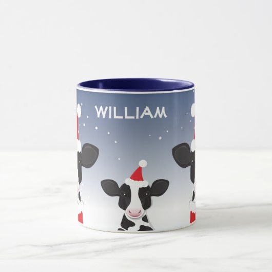 牛サンタブルーホワイトネームファームアニマルクリスマス マグカップ (中央)