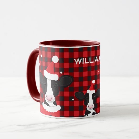 牛サンタ赤の格子名ファーム動物のクリスマス マグカップ (正面左)