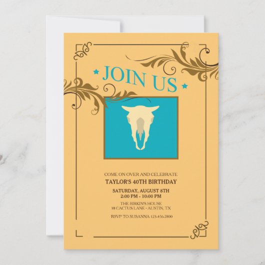 牛スカルの西部テーマの招待状 招待状 (正面)