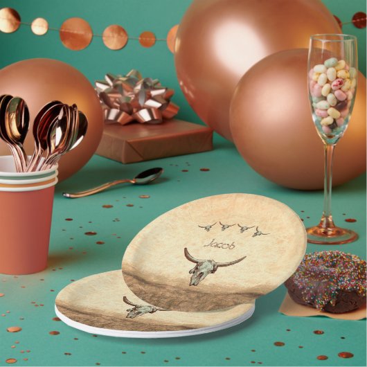 牛スカルブラウンウエスタンカントリー素朴スタイル ペーパープレート (複数)