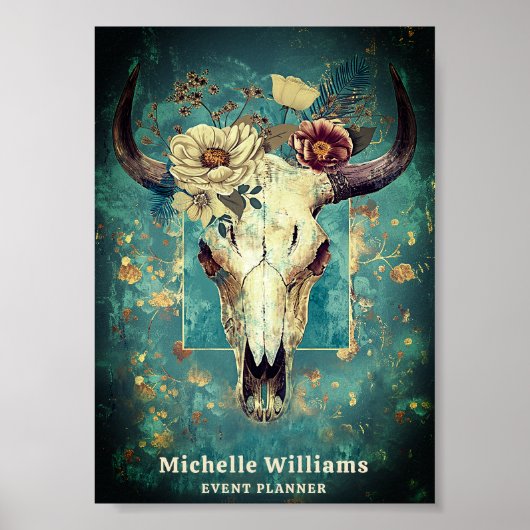 牛スカル素朴フローラボホウェスタンのビジネスロゴ ポスター (正面)
