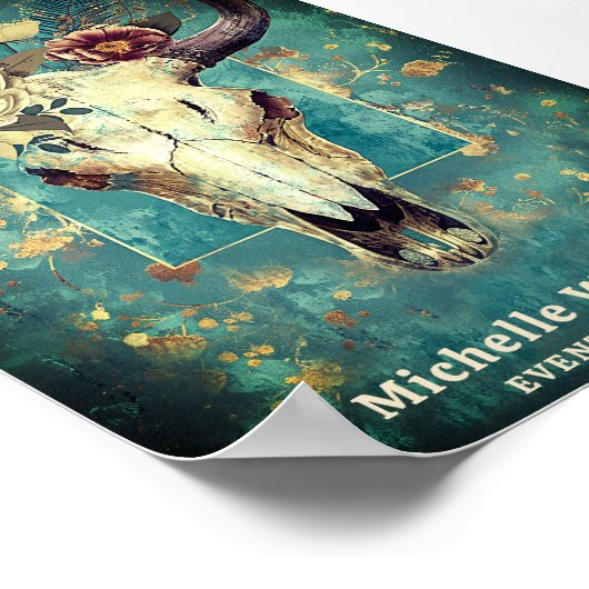 牛スカル素朴フローラボホウェスタンのビジネスロゴ ポスター (角)