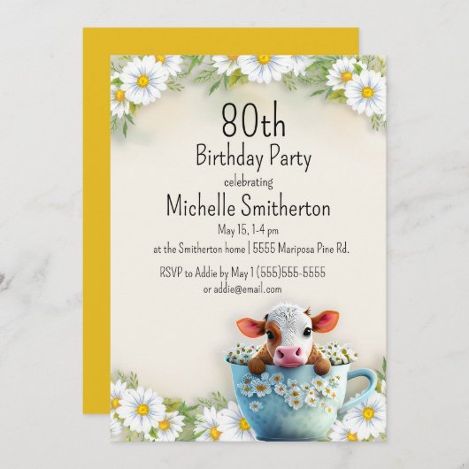 牛デイジー被覆茶カップ80誕生日 招待状 (正面/裏面)