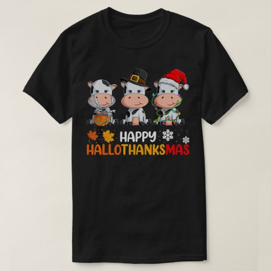 牛ハッピーハロサンクスマスハロウィンサンクスギビング Tシャツ (デザイン正面)