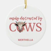 牛パーソナライズされたのヴィンテージに気を取られる セラミックオーナメント (正面)