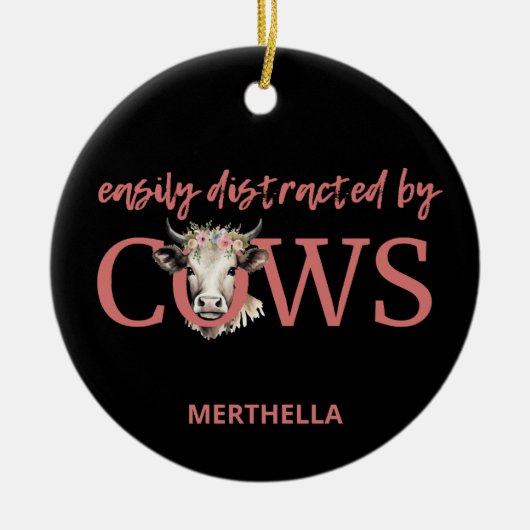 牛パーソナライズされたのヴィンテージに気を取られる セラミックオーナメント (正面)