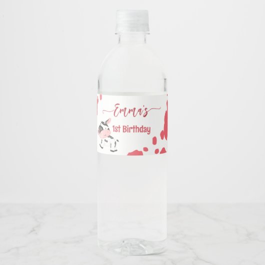 牛パーティー食器ピンクの牛パタパーソナライズされたーン ペットボトルラベル (正面)