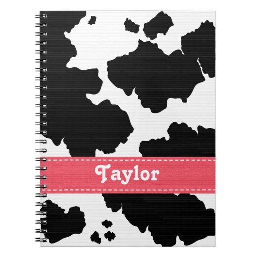 牛プリントのノートジャーナルピンクのリボン ノートブック (正面)