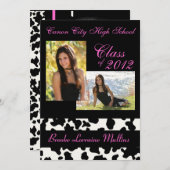 牛プリントのピンクの卒業の発表 招待状 (正面/裏面)