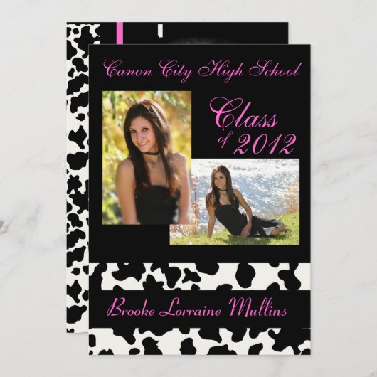 牛プリントのピンクの卒業の発表 招待状 (正面/裏面)