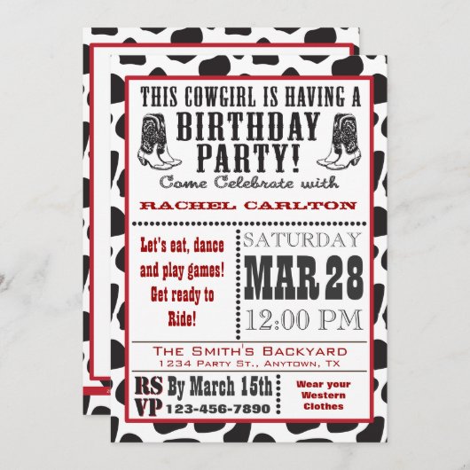 牛プリントの女性のカーボーイの誕生日の招待状 招待状 (正面/裏面)