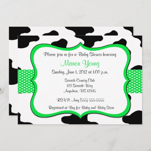 牛プリントの緑のベビーシャワーか誕生日の招待状 招待状 (正面/裏面)