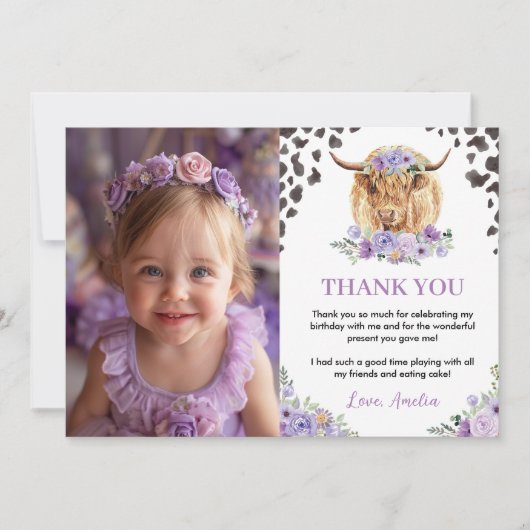 牛プリントガール誕生日写真サンキューカード サンキューカード (正面)
