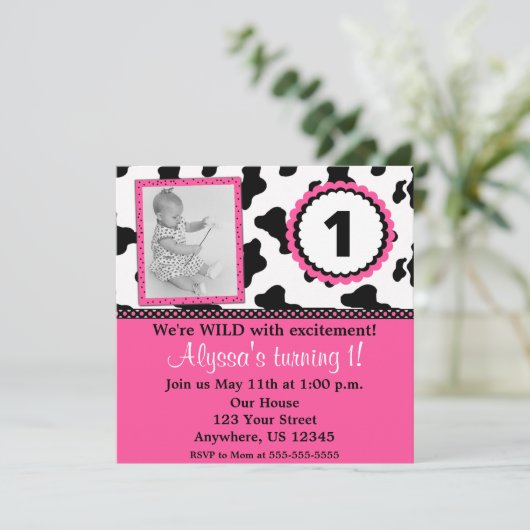 牛プリントピンクガールズ誕生日招待状アニーエイジ 招待状 (スタンド正面)