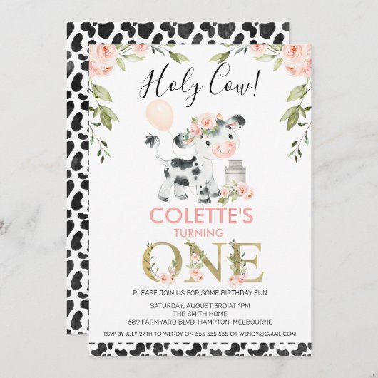 牛プリントホーリーカウーフローラ1st誕生日 招待状 (正面/裏面)
