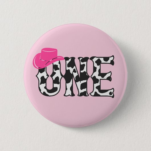 牛プリント女性のカーボーイハットワン最初の1歳の誕生日パーティー 缶バッジ (正面)