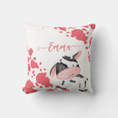 牛プリント子供部屋ピンクのパタパーソナライズされたーン名 クッション (正面)