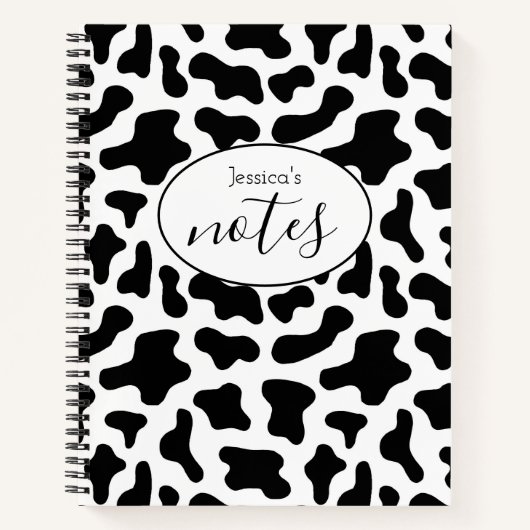 牛プリント白黒名前をカスタムする ノートブック (正面)