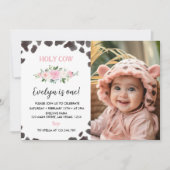 牛プリント誕生日フローラ写真招待状 サンキューカード (正面)