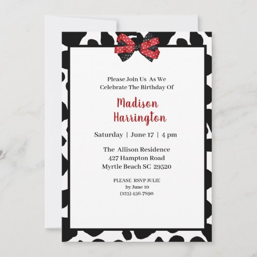 牛プリント誕生日招待状 招待状 (正面)