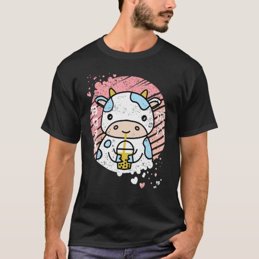 牛ボバ茶タピオカ ネコ 女性 女子 ギフト Tシャツ (正面)