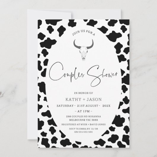 牛モダンプリントウエスタンロデオカップルのシャワー 招待状 (正面)