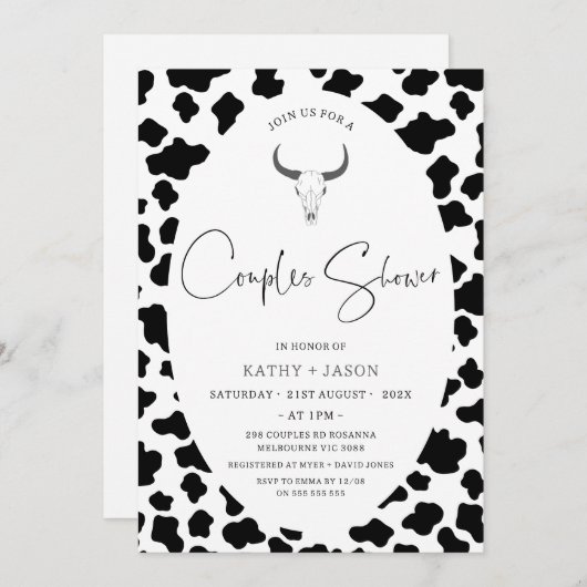 牛モダンプリントウエスタンロデオカップルのシャワー 招待状 (正面/裏面)