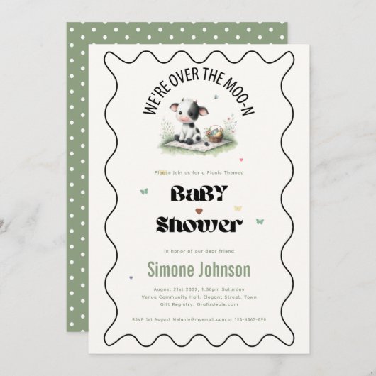 牛モーピクニック赤ちゃんシャワーテーマ女子 招待状 (正面/裏面)