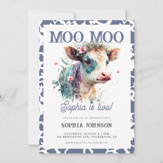 牛モーモープリントファームガール2nd誕生日 招待状 (正面)