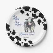 牛モーモー黒と青の可愛い牛の誕生日パーティー ペーパープレート (正面)