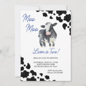 牛モーモー黒と青の可愛い牛の誕生日パーティー 招待状 (正面)